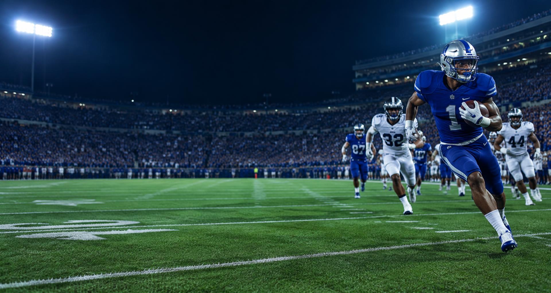 Football players competing under the lights in a packed stadium